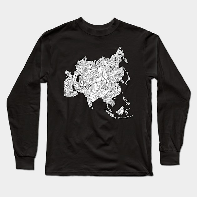 Mandala art map of Asia with text in white Long Sleeve T-Shirt by Happy Citizen